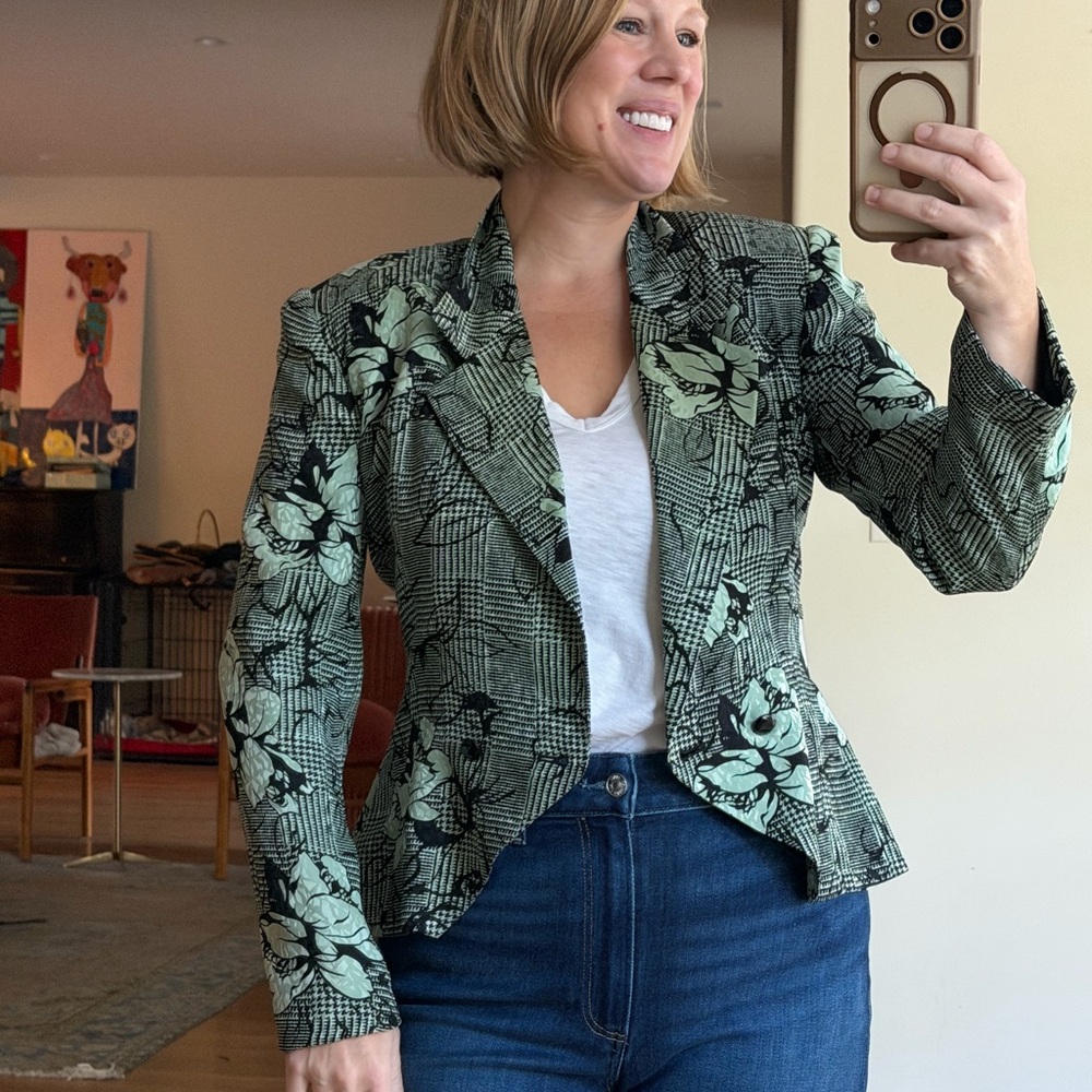 Rickie Freeman for Teri Jon Black & Sage Green Floral Blazer Size 6 Silk Jacket